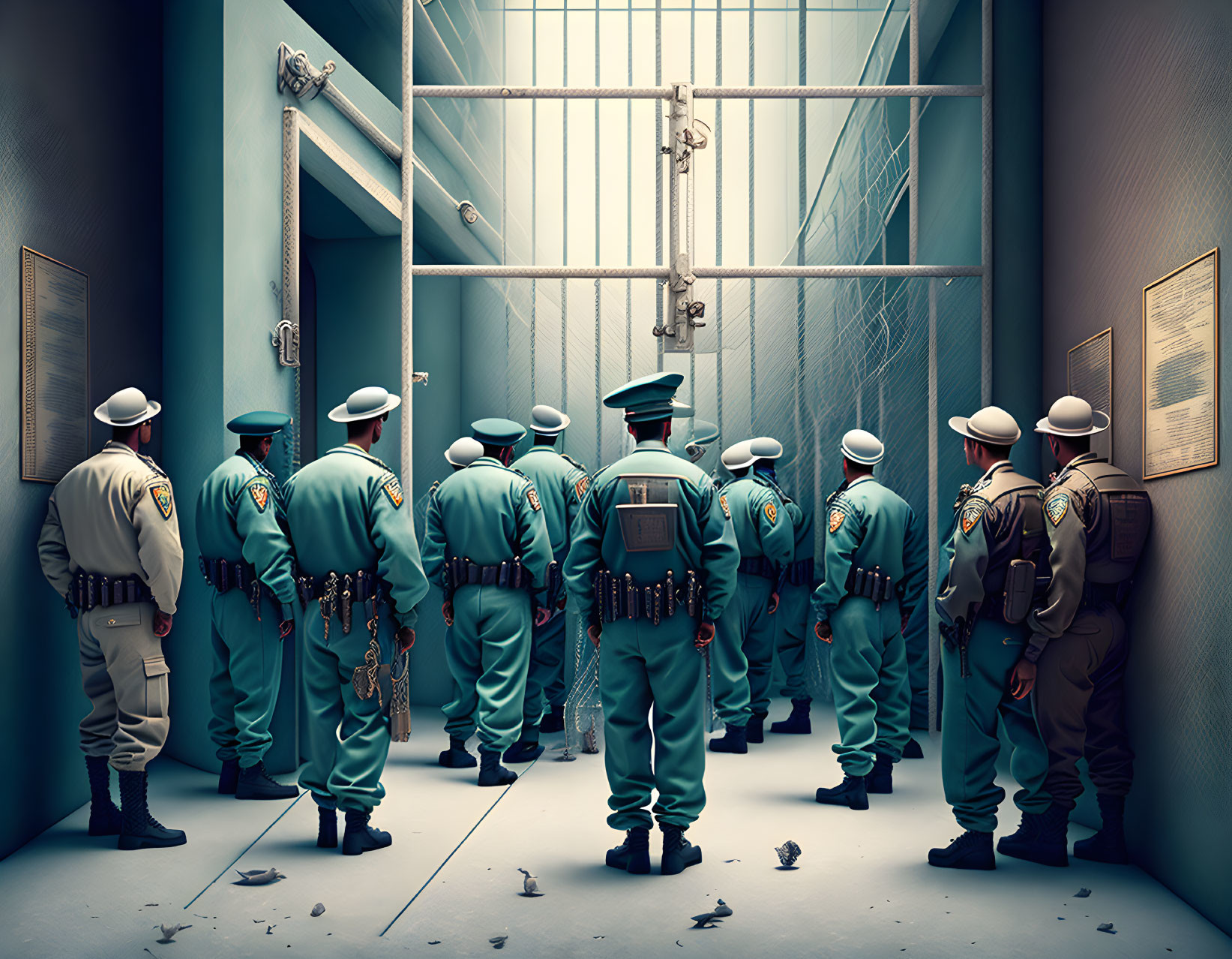 Uniformed officers in prison hallway with barred windows and scattered papers.