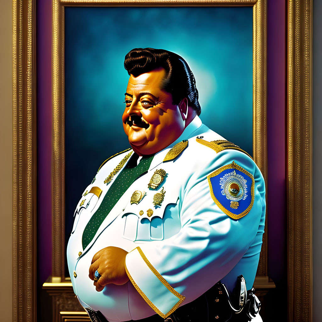 Colorful caricature of a smiling man in flamboyant police uniform