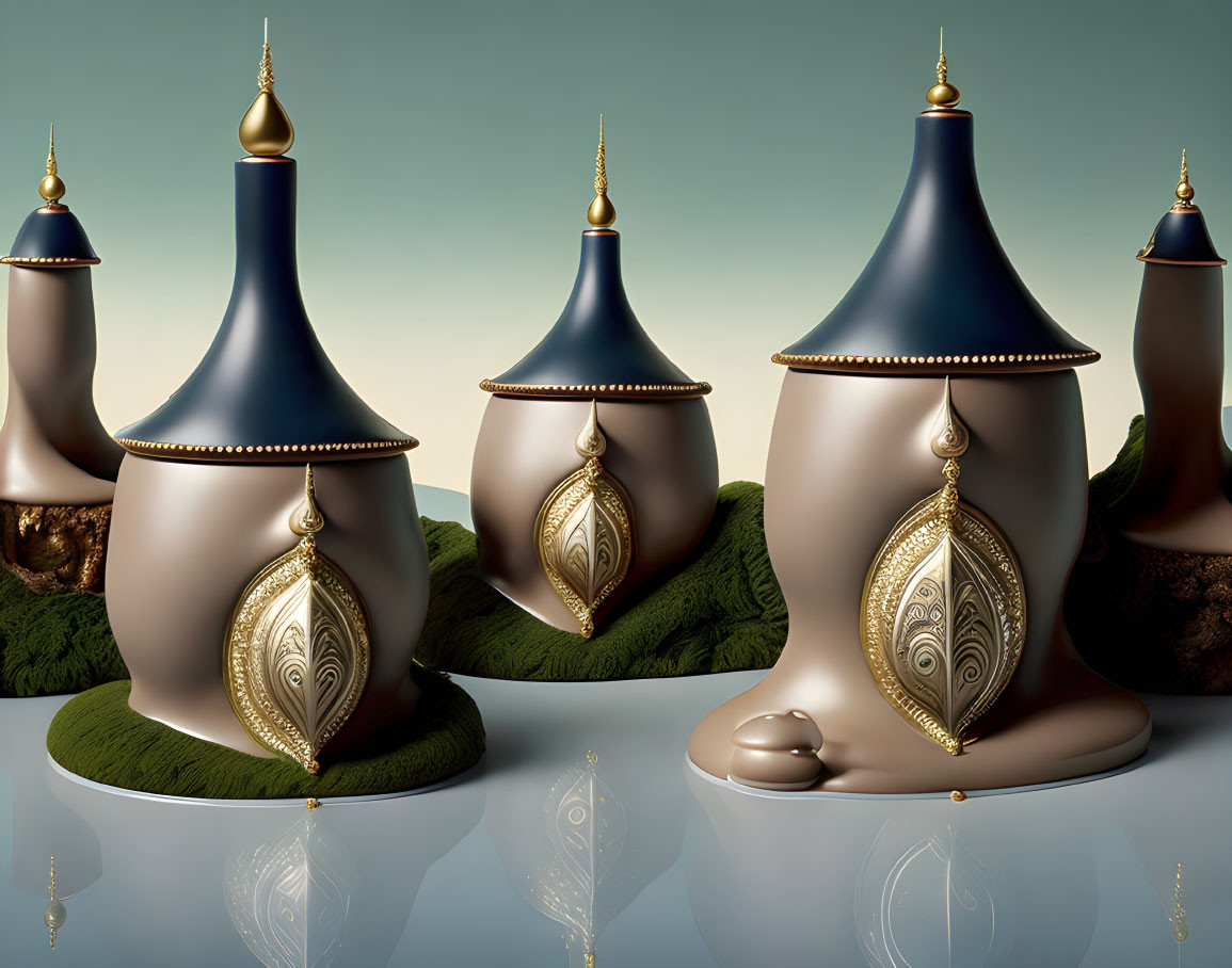 Surreal oversized ornamental bottles with golden motifs on grassy mounds against reflective surface and dusk