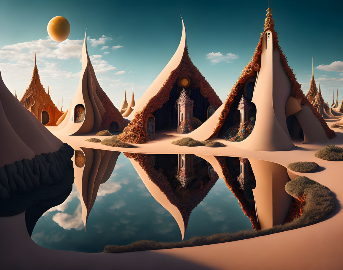 Surreal landscape with tent-like structures and floating rocks