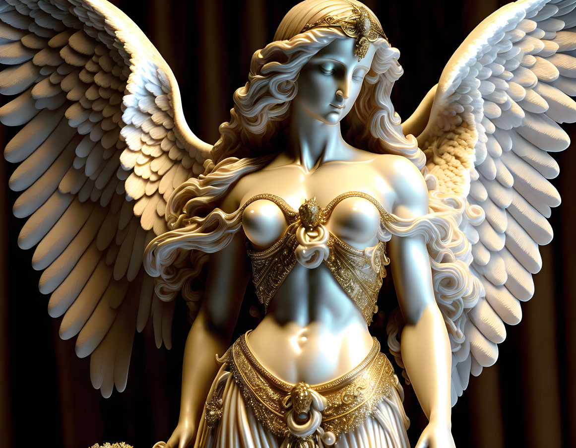 3D-rendered angelic figure with ornate wings in golden attire