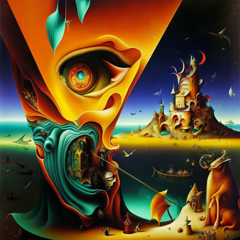 Vivid surreal landscape with eye, castles, and marine elements