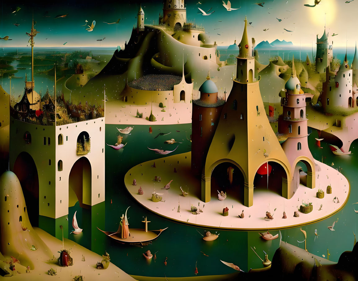 Whimsical surreal landscape with castles, arches, birds, boats, and winding paths