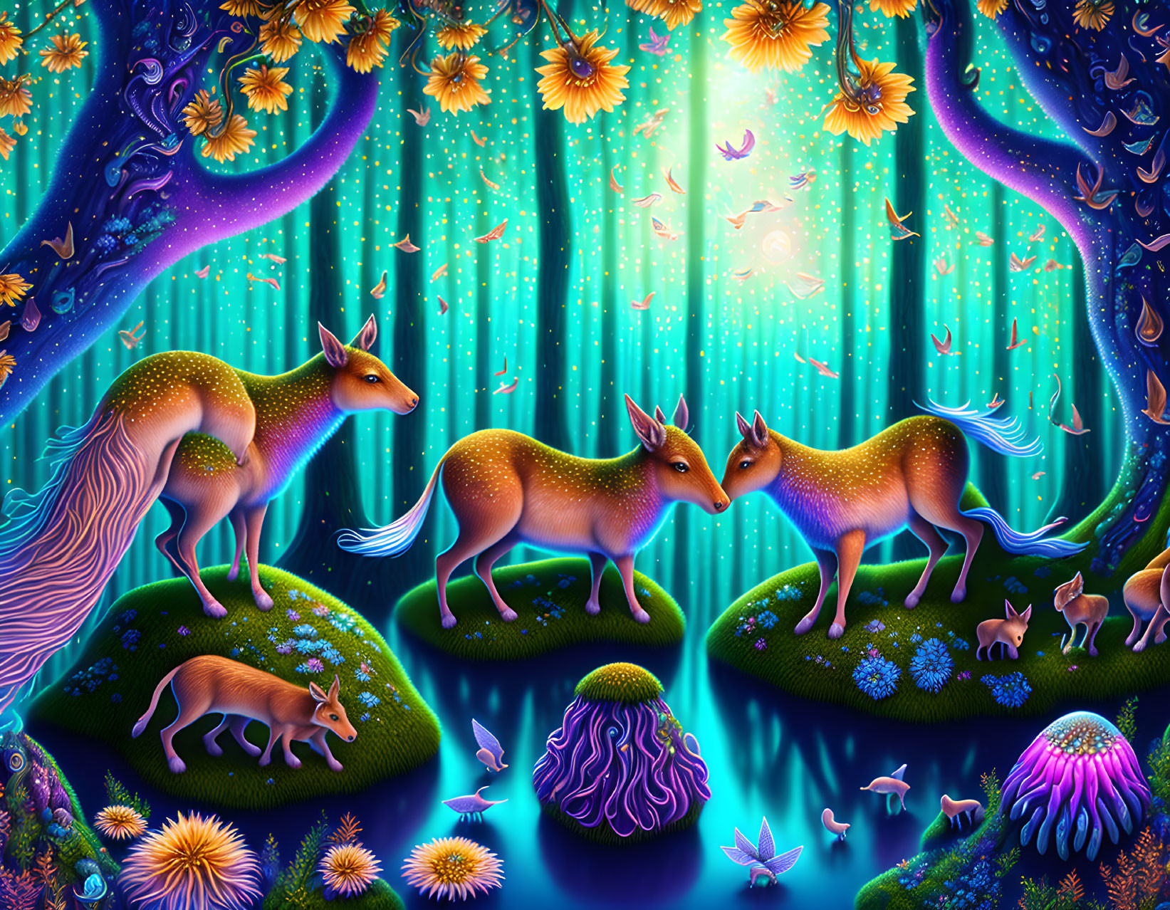 Colorful fantasy illustration: Glowing antlered deer in whimsical forest