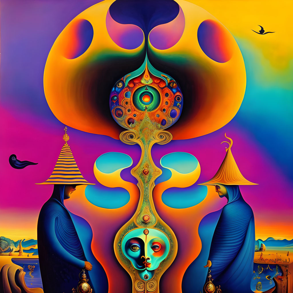 Colorful Psychedelic Artwork with Abstract Figures and Multiple Eyes