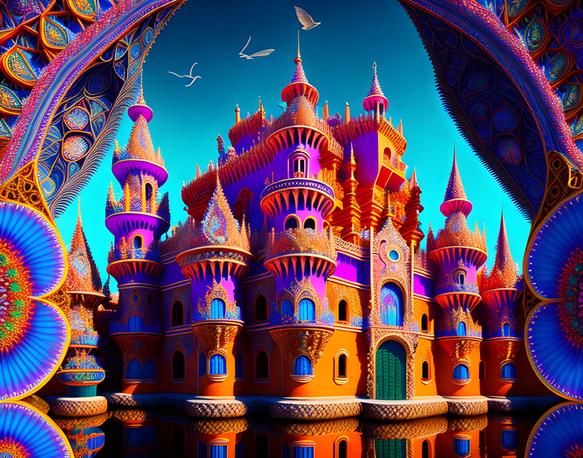 Fantasy castle with ornate spires and arches against blue sky