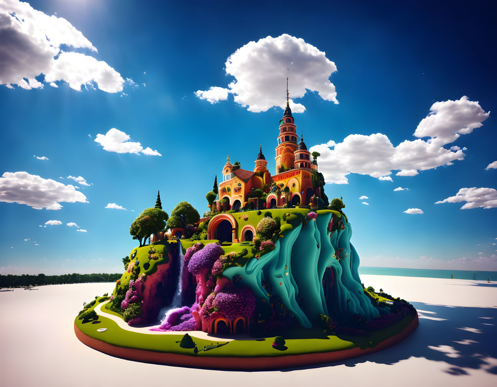 Colorful Castle and Gardens on Hill Under Blue Sky