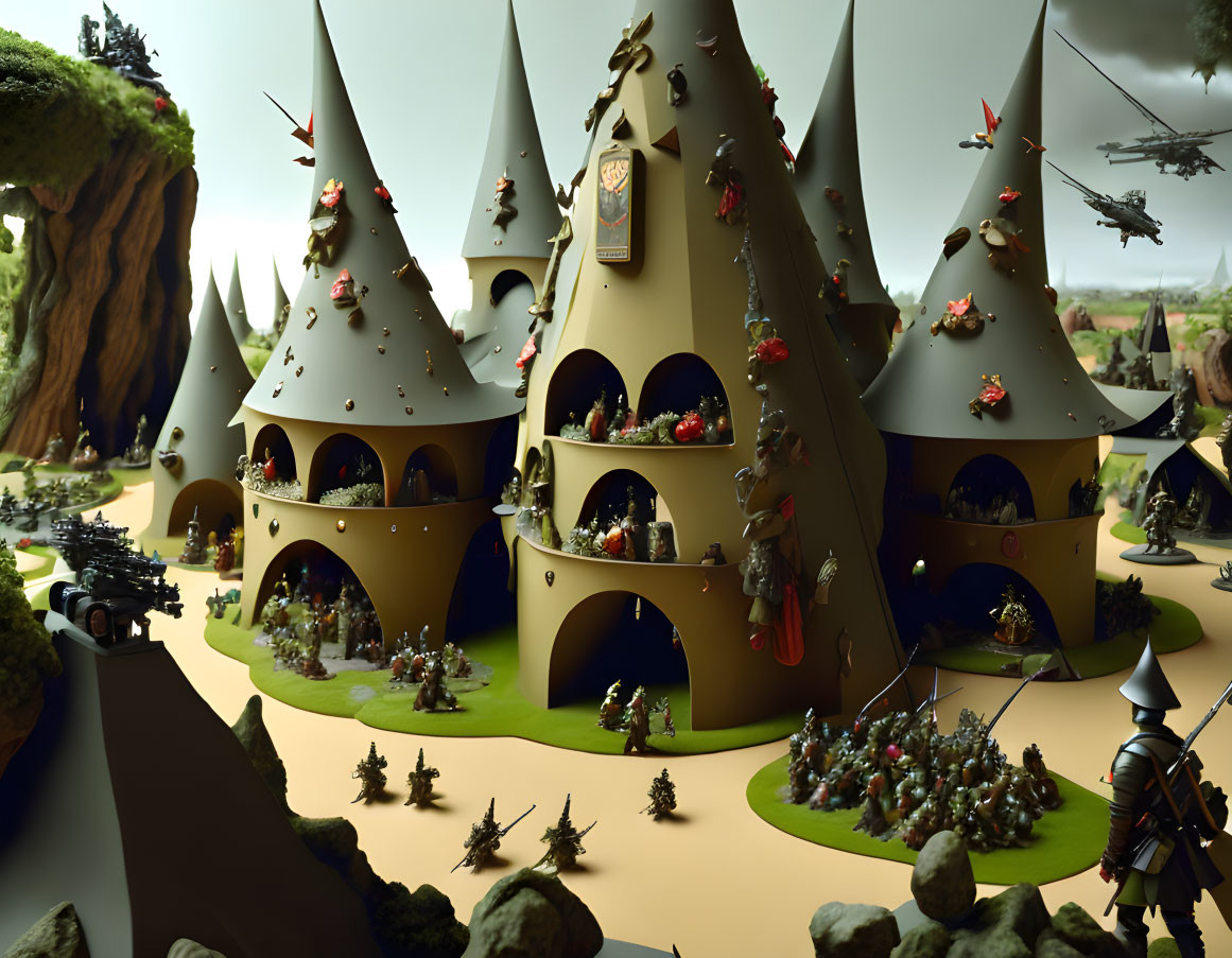 Medieval fantasy landscape with cone-shaped buildings, knights, and armies in lush hills.