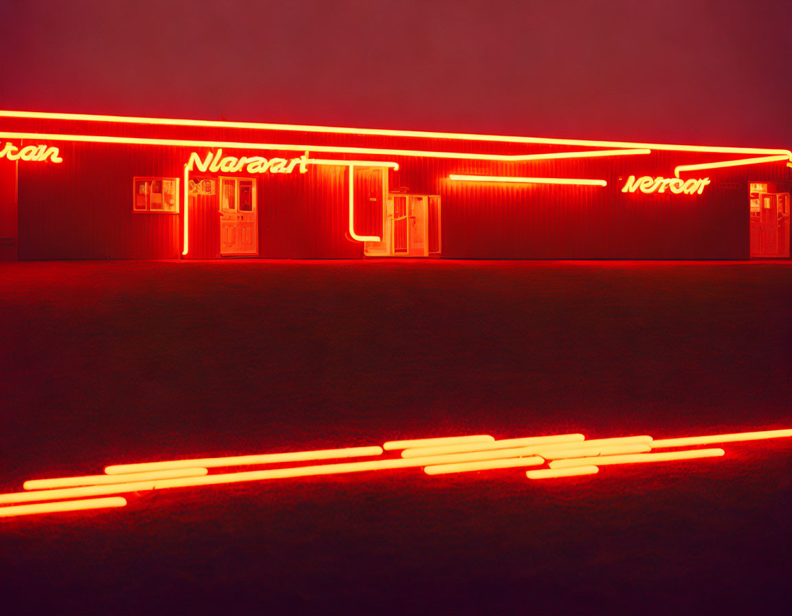 Neon-lit red building against dark background