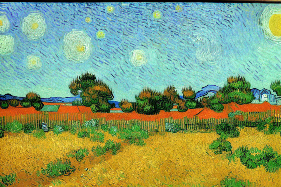 Landscape painting with starry night sky, cypress trees, village, and wheat field