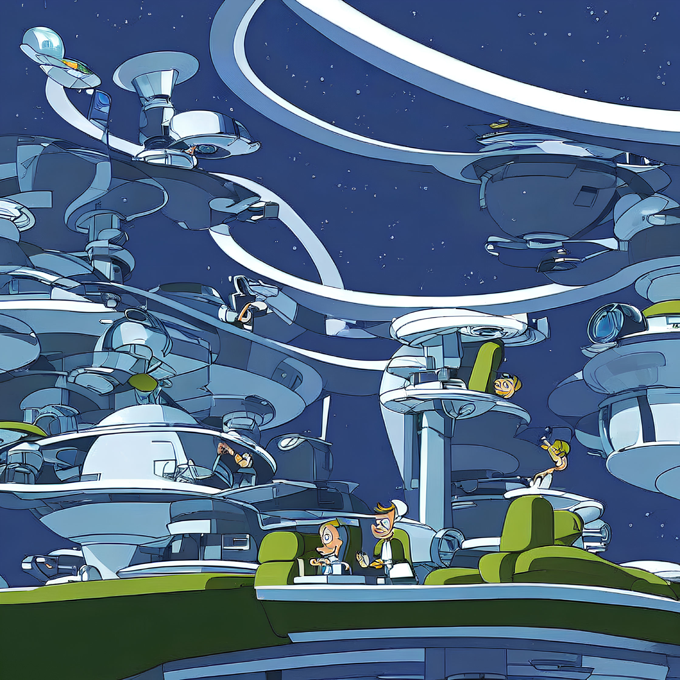 Futuristic cityscape with casual individuals, towering structures, flying vehicles, and starry sky.