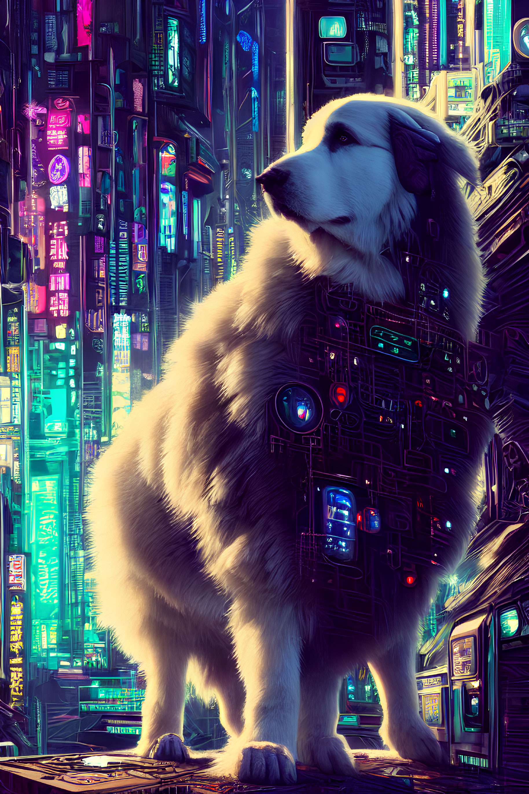 Futuristic cybernetic dog in neon-lit cityscape