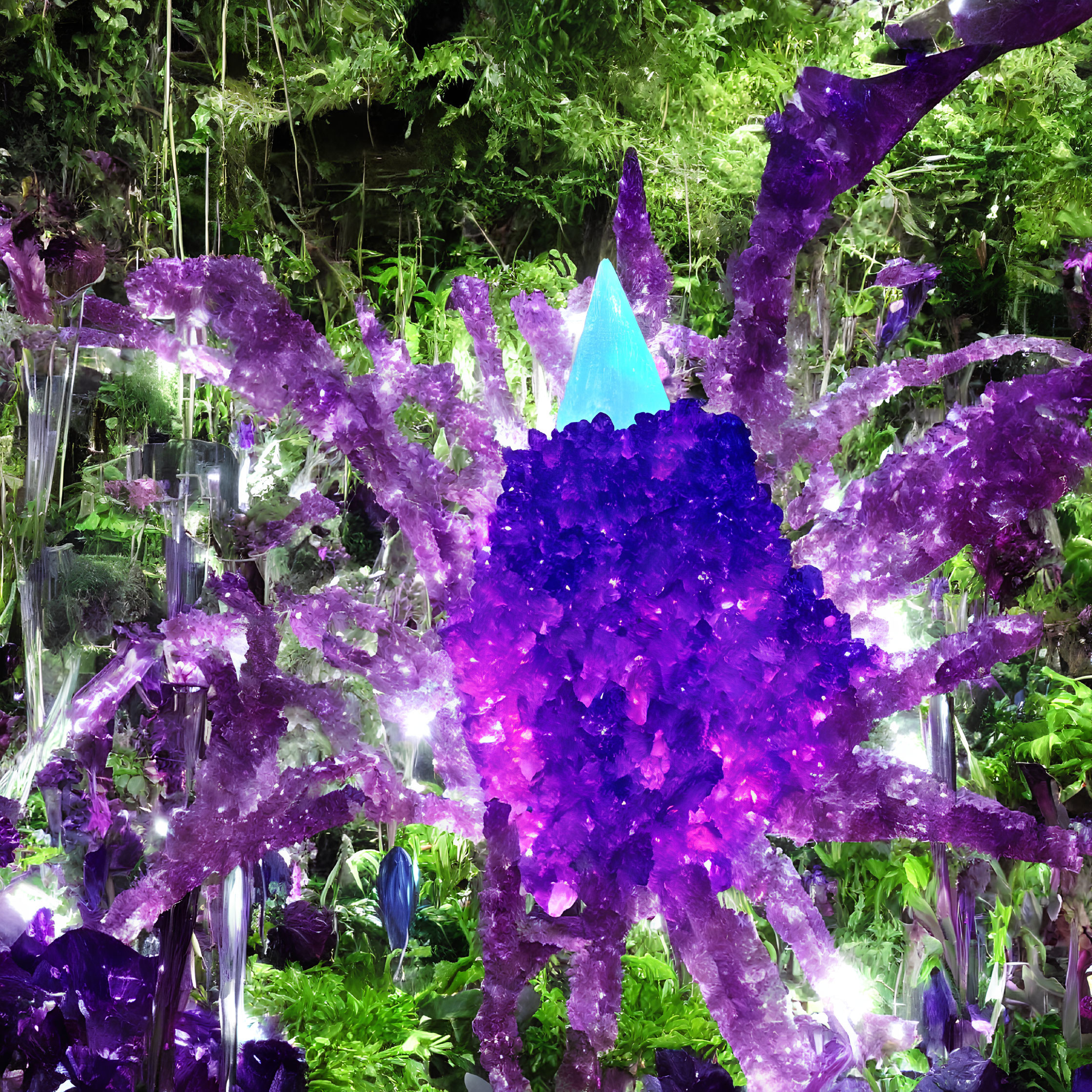 Purple Crystal Installation in Lush Garden with Soft Illumination