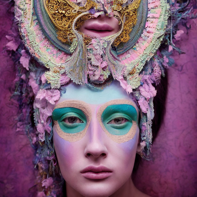 Elaborate Headgear and Makeup with Gold, Pink, and Green Accents on Purple Background