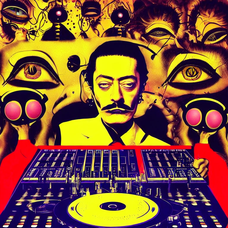 Colorful Salvador Dali artwork with mustache, DJing on vibrant deck, surreal eyes & abstract