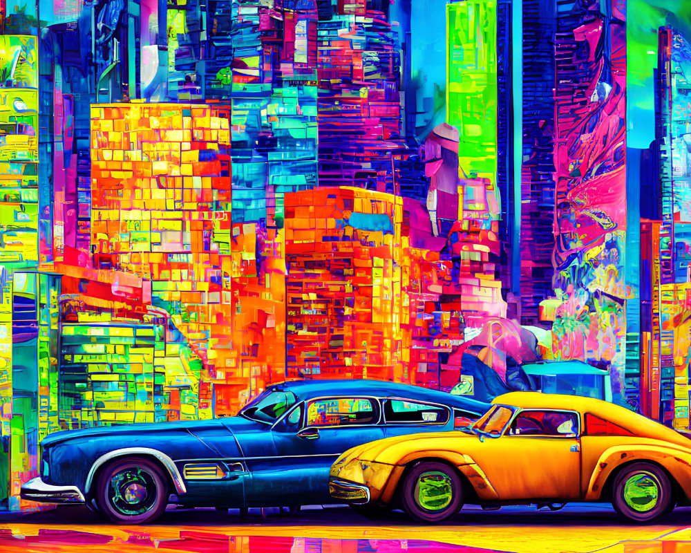 Colorful Psychedelic Cityscape with Classic Cars