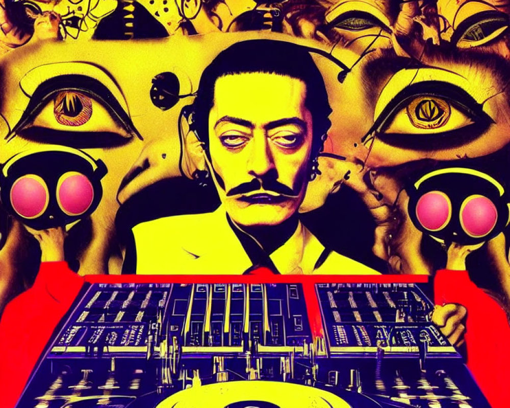 Colorful Salvador Dali artwork with mustache, DJing on vibrant deck, surreal eyes & abstract