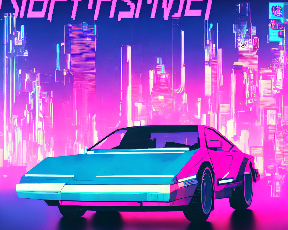 Retro-futuristic scene: stylized car, neon-lit cityscape, cyrillic