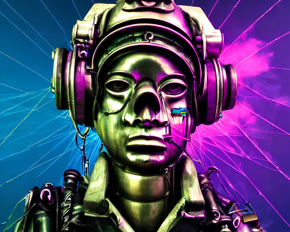 Futuristic astronaut digital artwork with neon-colored suit in cosmic setting