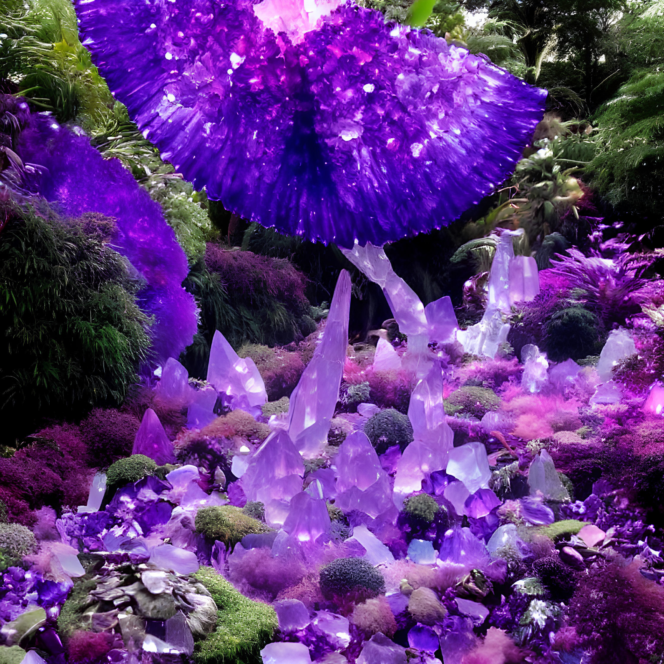 Fantastical garden with varying sizes of purple crystals among lush greenery