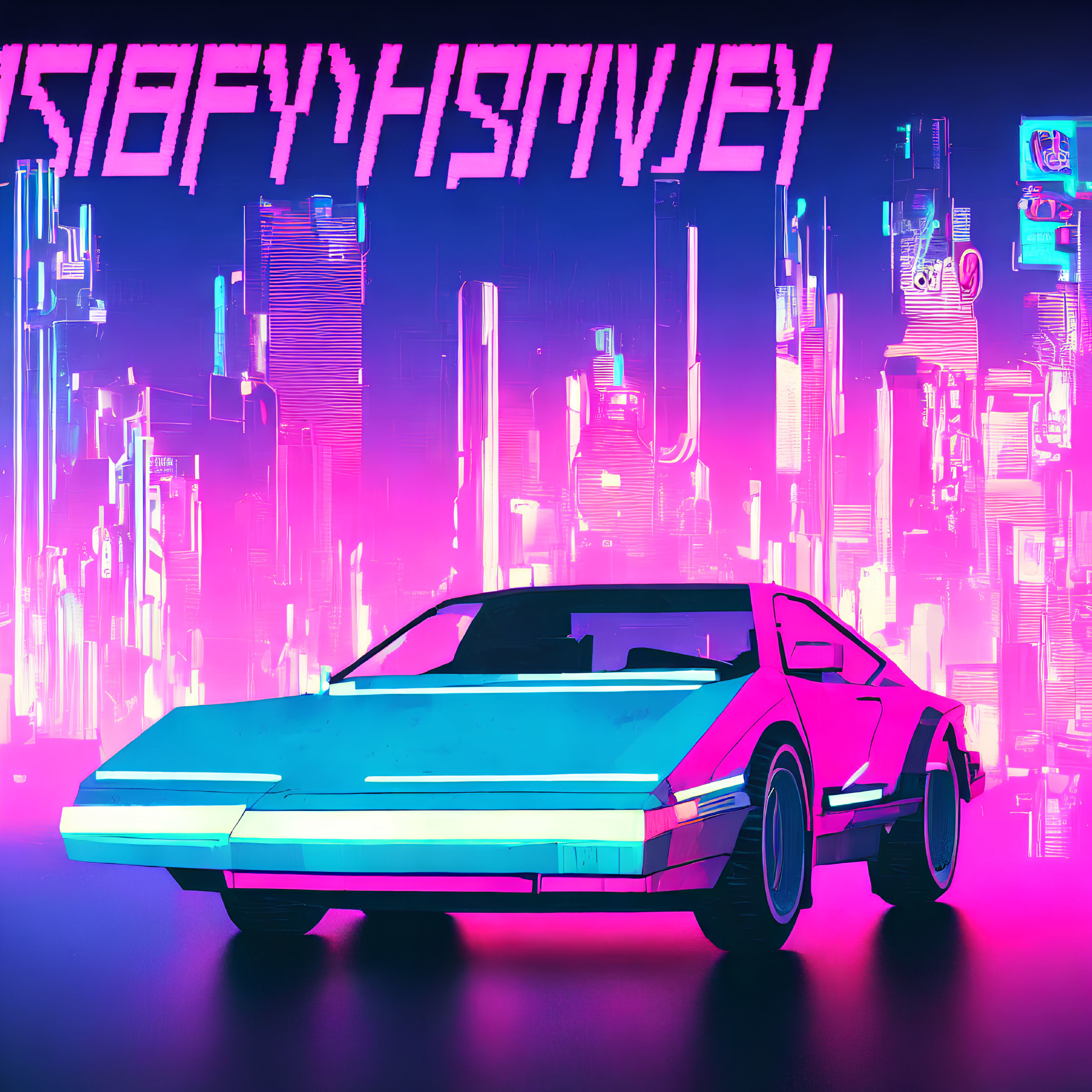 Retro-futuristic scene: stylized car, neon-lit cityscape, cyrillic