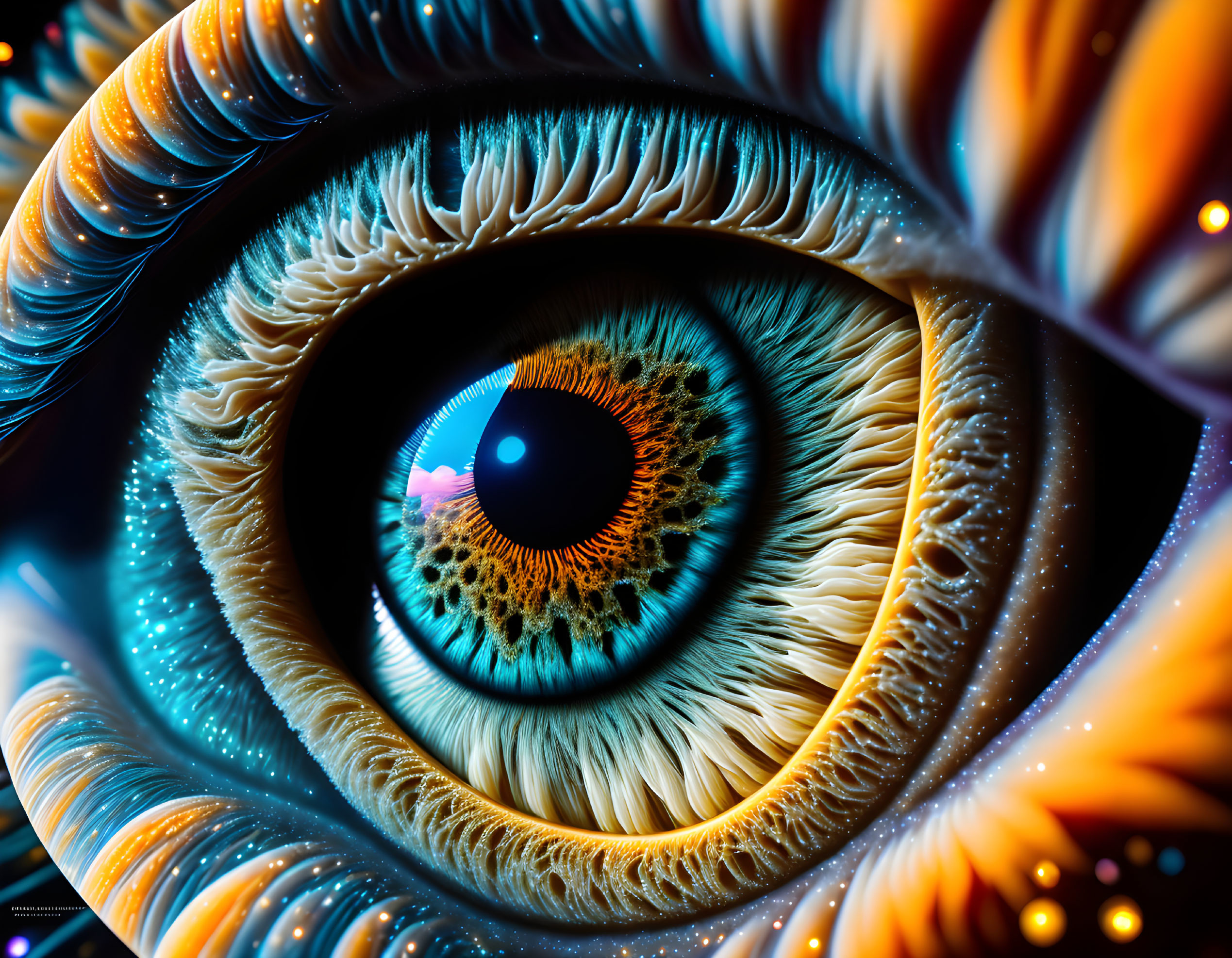 Detailed close-up of vibrant blue and orange human eye textures