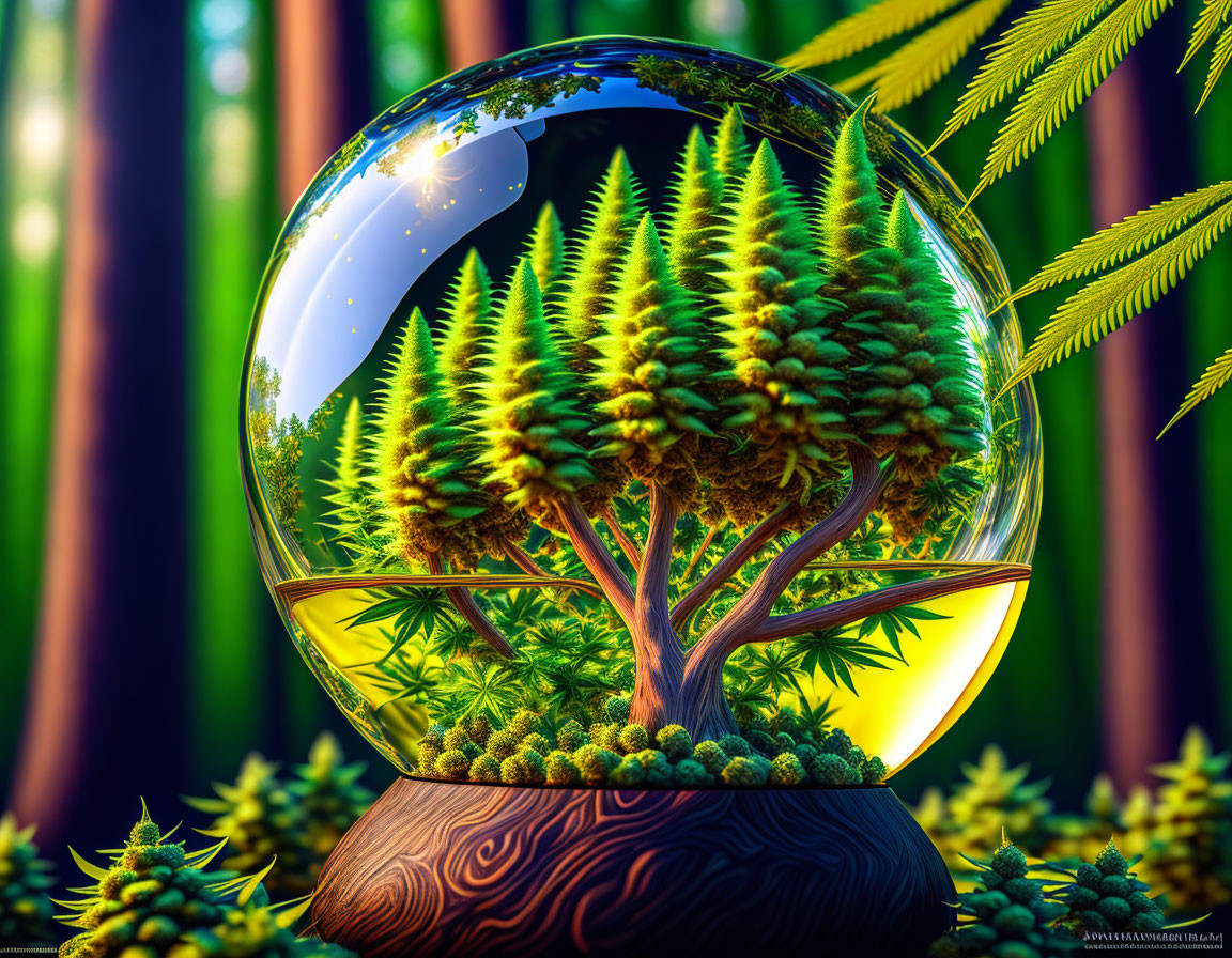 Colorful digital artwork: Bonsai tree in transparent sphere with bamboo backdrop