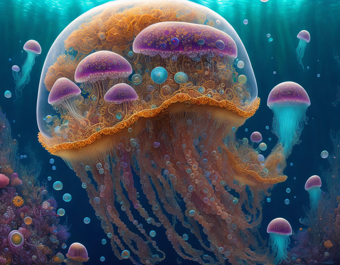 Vibrant orange jellyfish with detailed tentacles in deep blue ocean waters