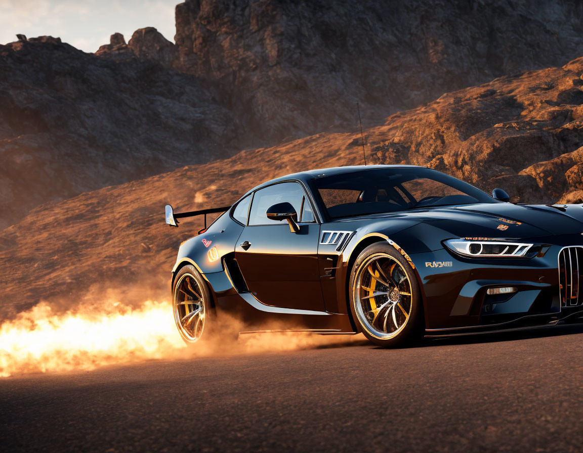 Black sports car with racing decals drifting on mountain road at sunset