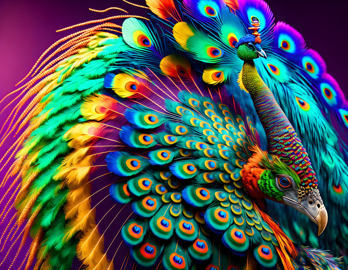 Colorful peacock with eye-like patterns in blue, green, and gold