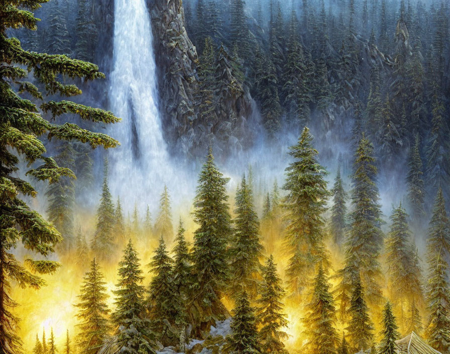 Majestic waterfall cascading down rocky cliff with forest and mist