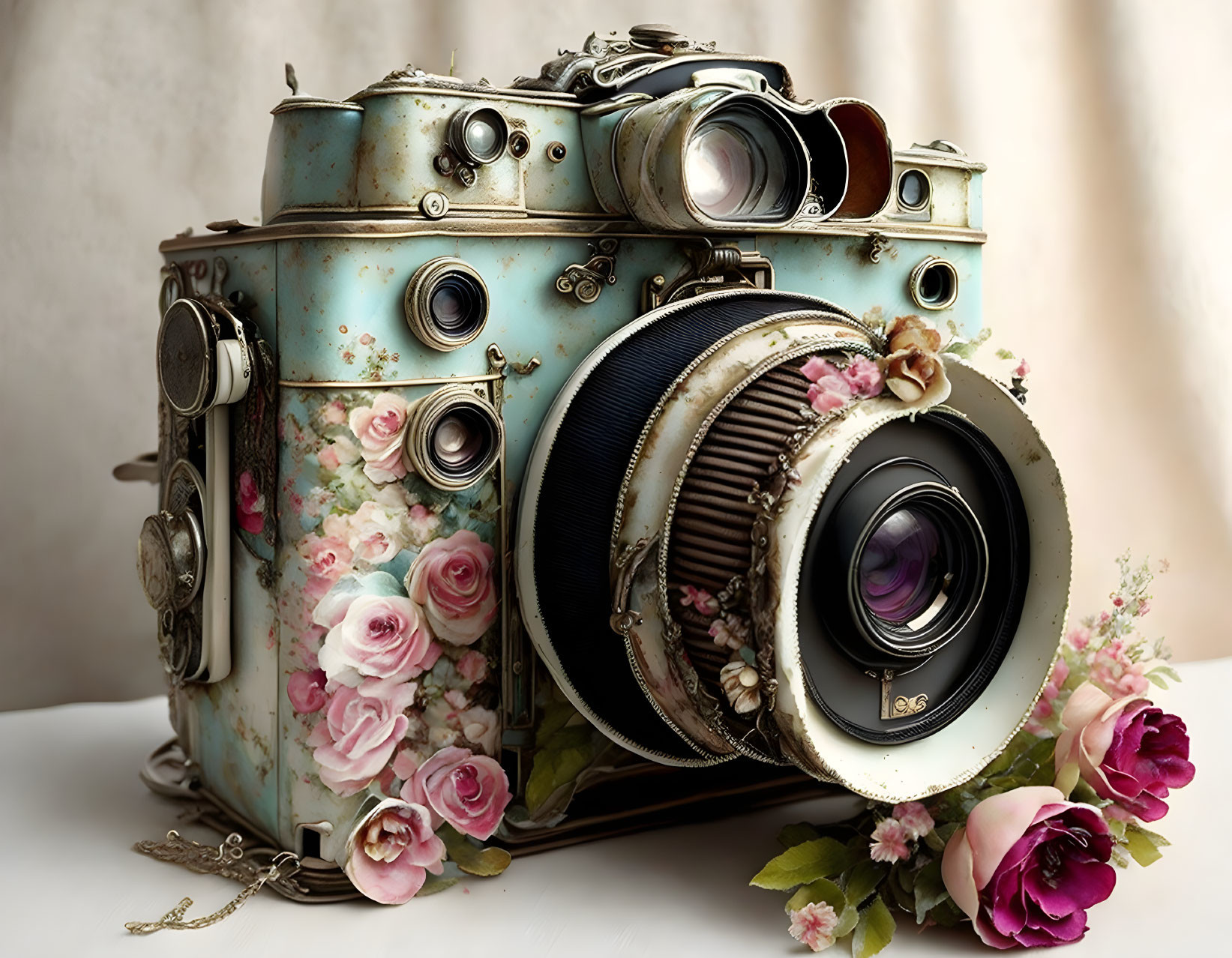 Vintage-Style Camera with Floral Embellishments and Steampunk Aesthetic