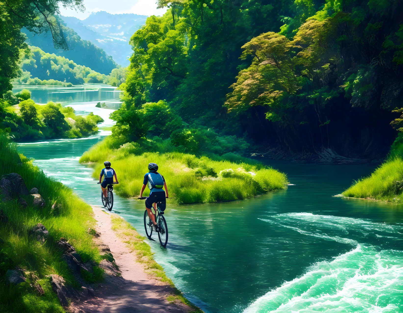 Cyclists beside turquoise river in lush green landscape