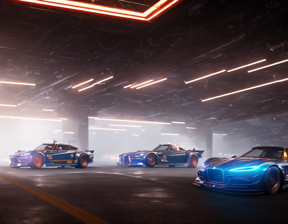 Futuristic race cars with blue and orange livery in dimly lit garage