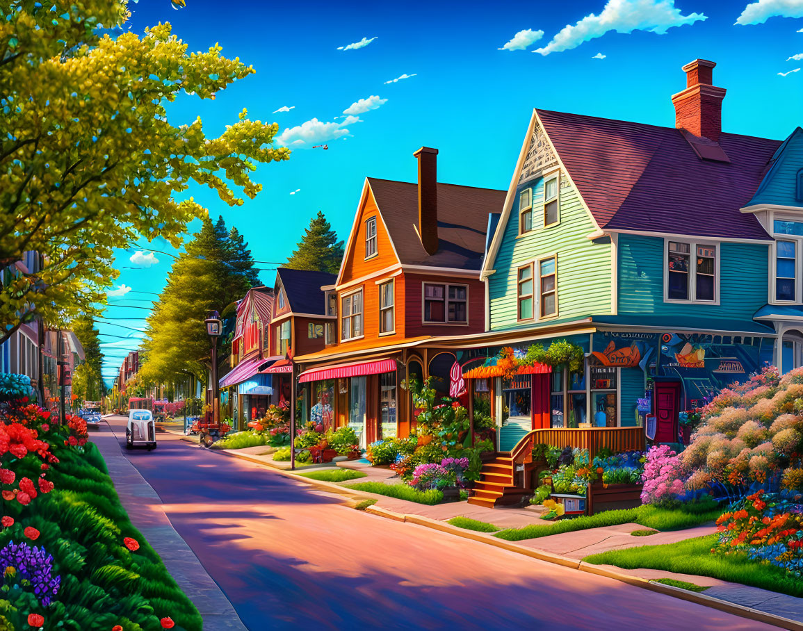 Colorful houses and shops on vibrant street under blue sky