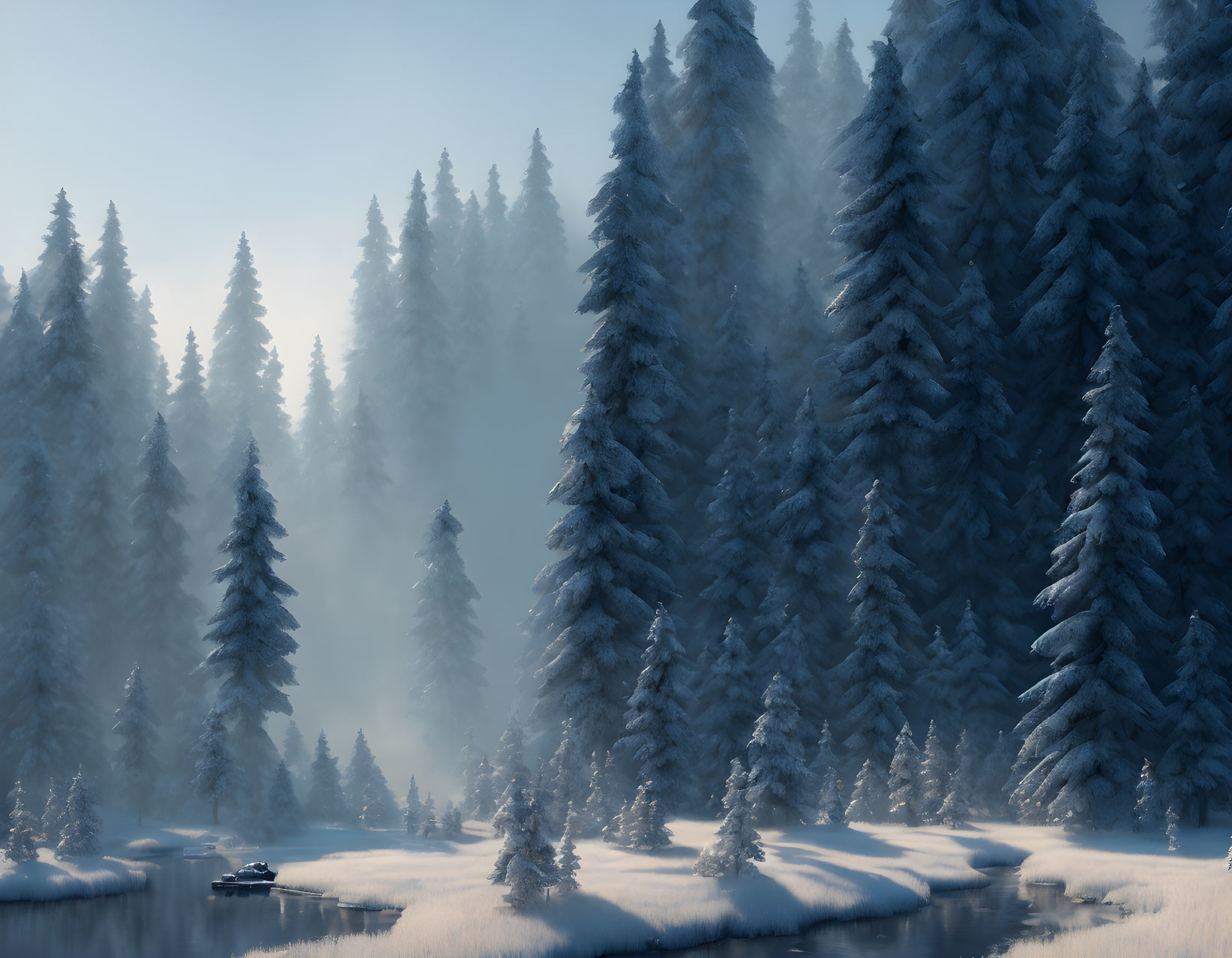 Snow-covered evergreen trees and boat on serene winter lake