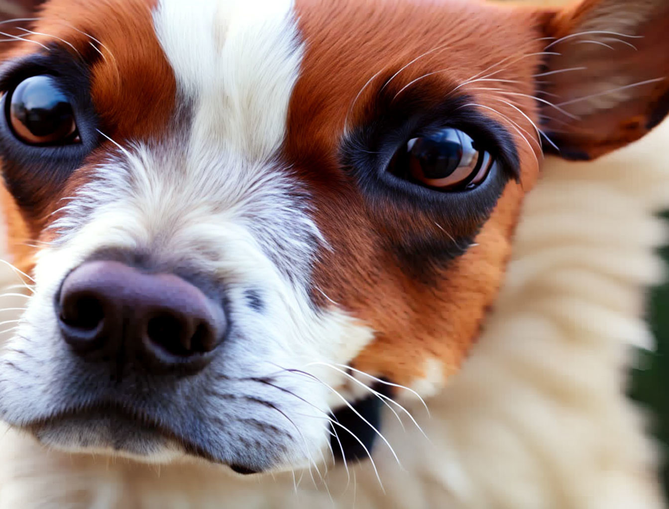 Brown and White Small Breed Dog with Expressive Eyes and Black Nose on Blurred Green Background