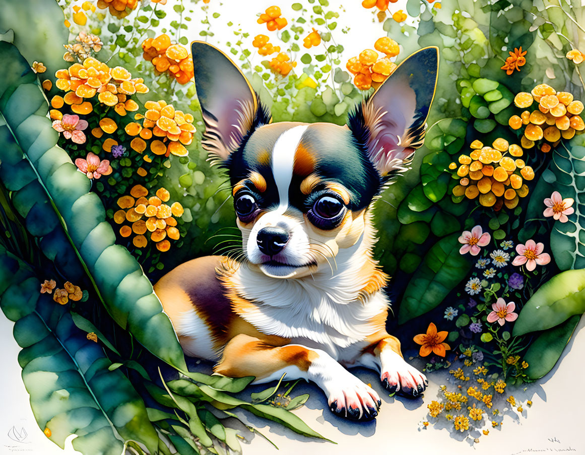 Vibrant Chihuahua surrounded by lush greenery and flowers