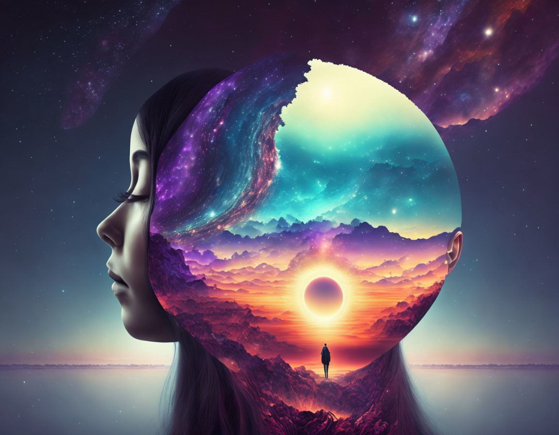 Surreal illustration of woman's silhouette with cosmic landscape & sunset observer