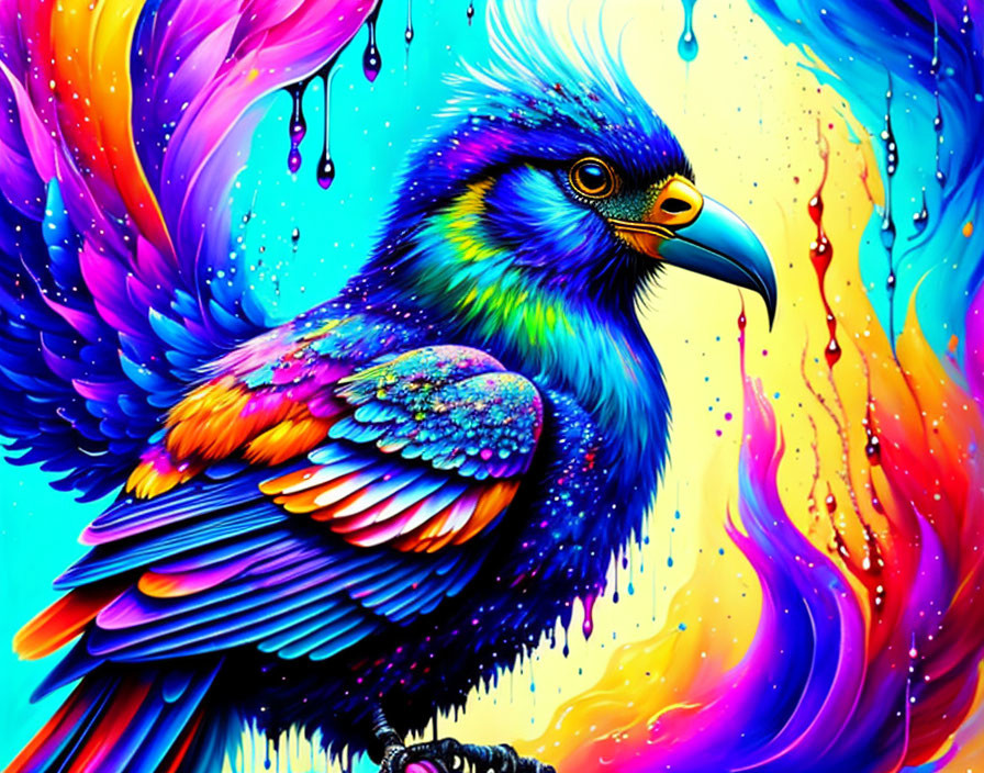 Multicolored bird digital artwork with dynamic background.