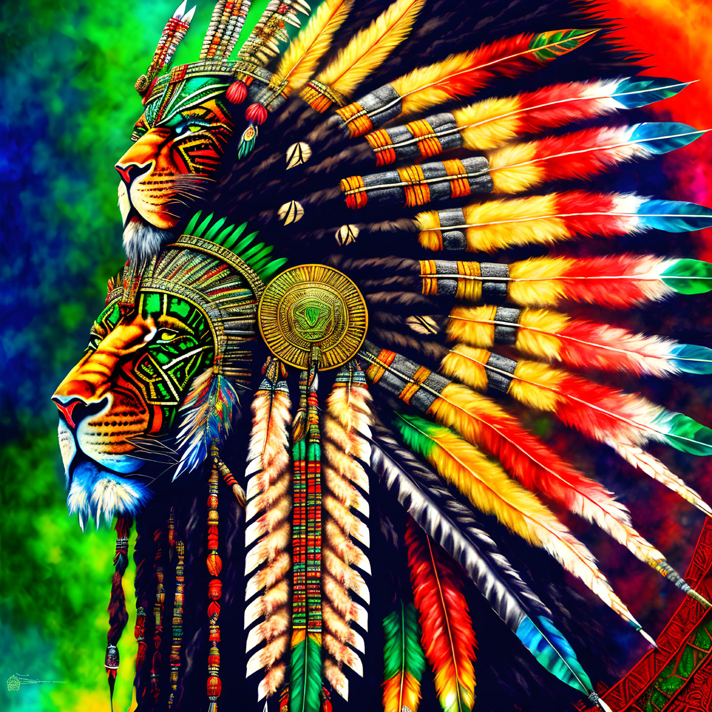 Colorful Lion Head with Native American Headdress on Tie-Dye Background