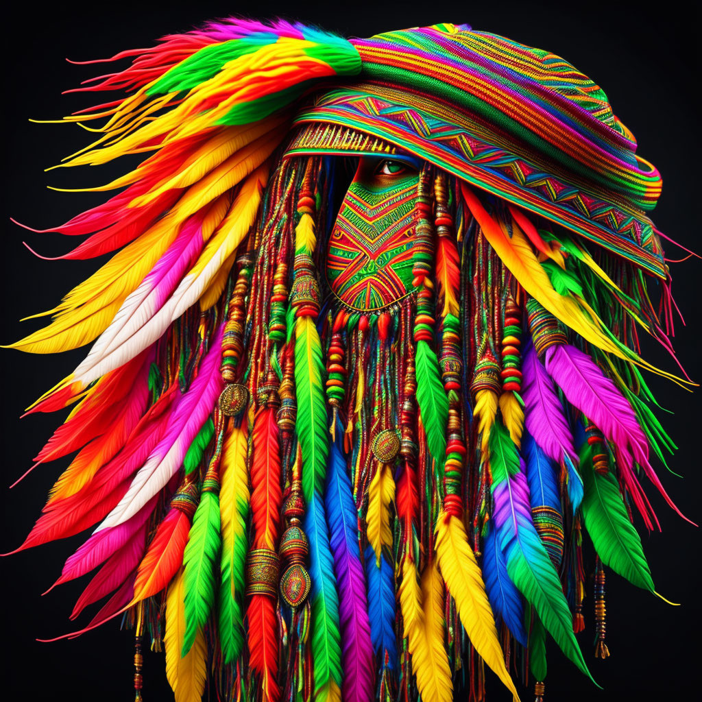 Colorful Feather Headdress Pattern on Black Background