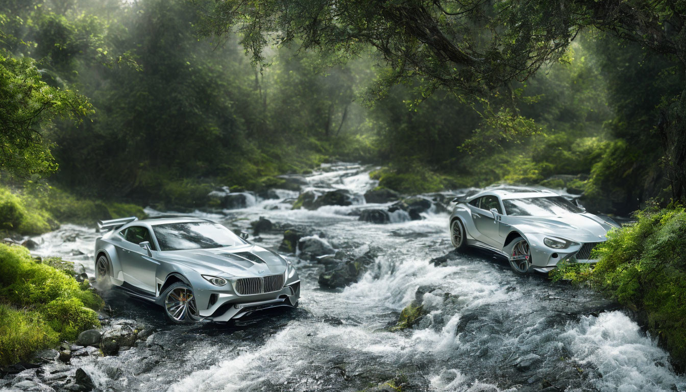 High-performance cars parked in misty forest streambed