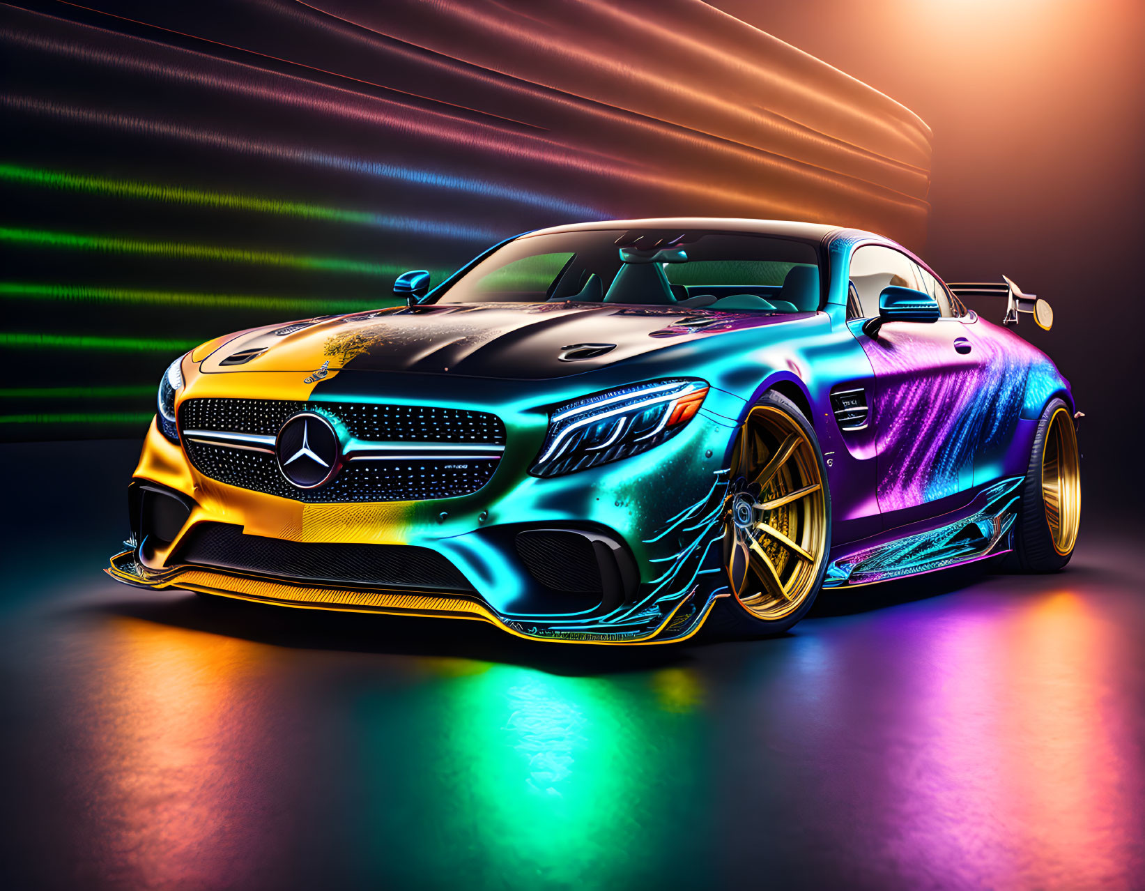 Colorful Mercedes sports car with yellow and purple paint job and streaking lights.