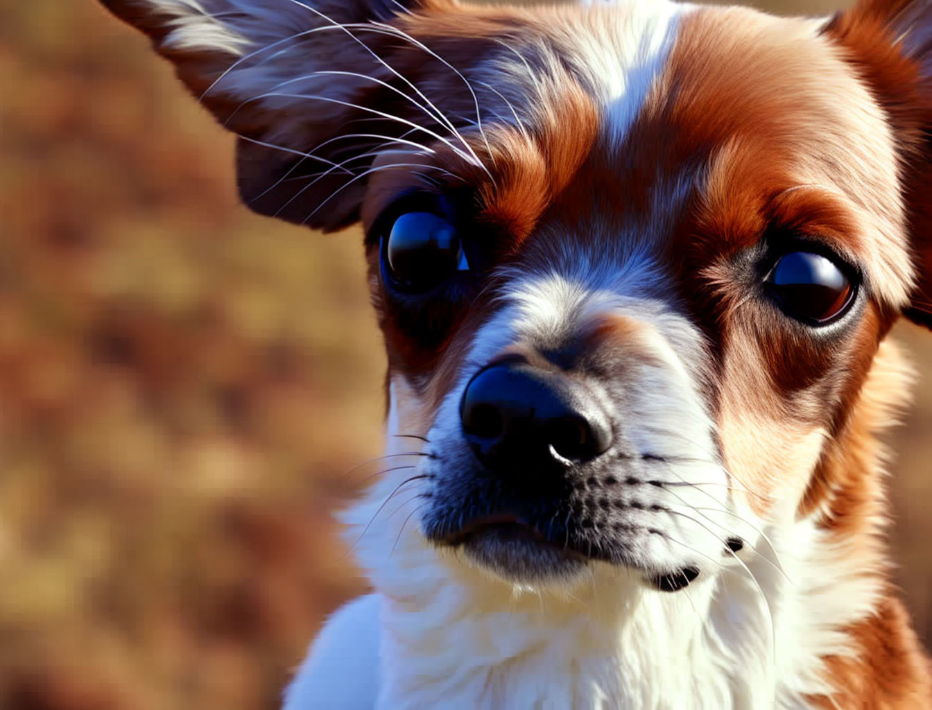 Brown and White Dog with Expressive Eyes and Head Tilt on Blurred Background