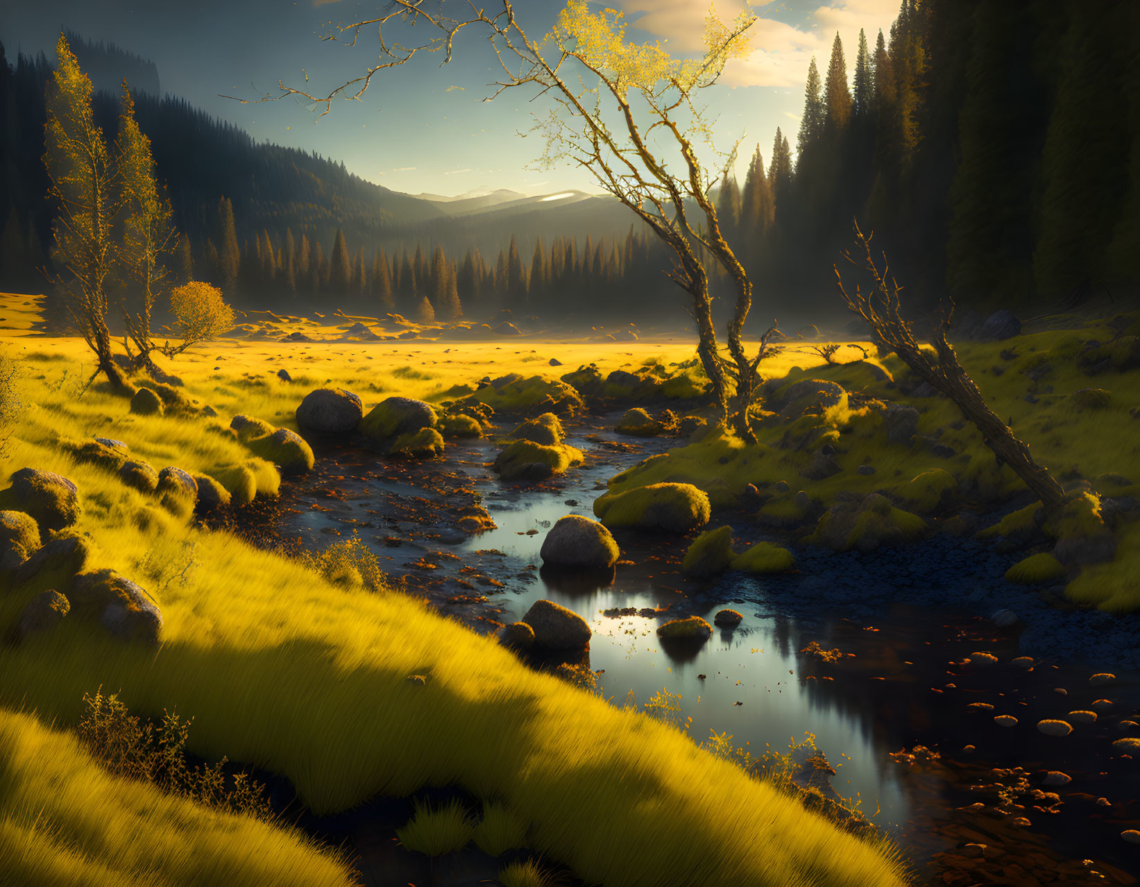 Tranquil landscape with stream, moss-covered rocks, and sunlit trees