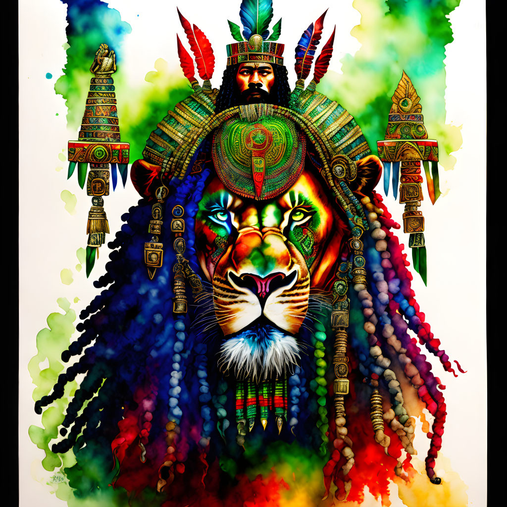 Colorful Illustration: Male Figure with Mesoamerican Headdress and Lion Face