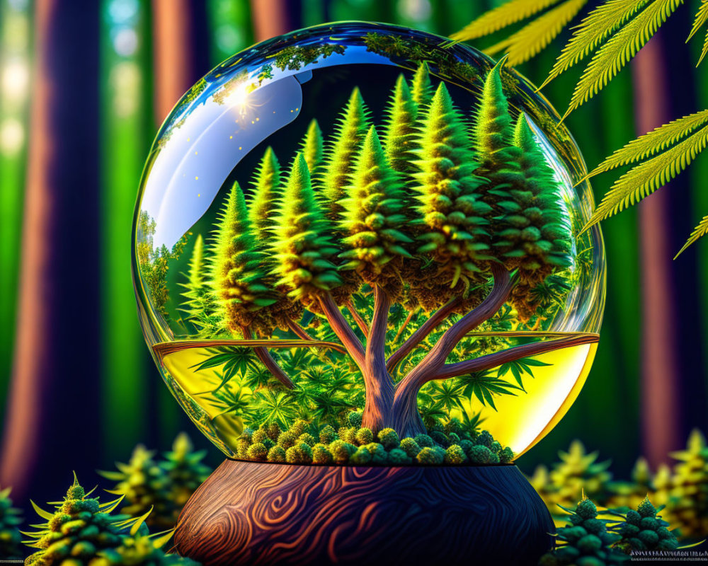 Colorful digital artwork: Bonsai tree in transparent sphere with bamboo backdrop