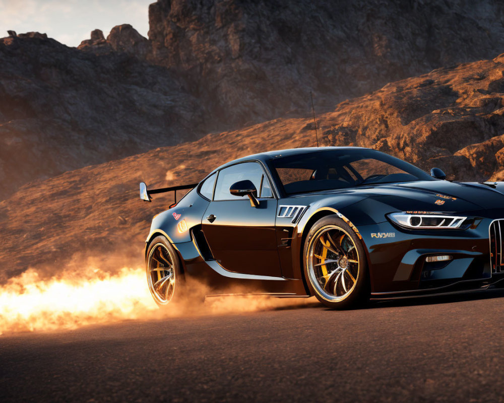 Black sports car with racing decals drifting on mountain road at sunset