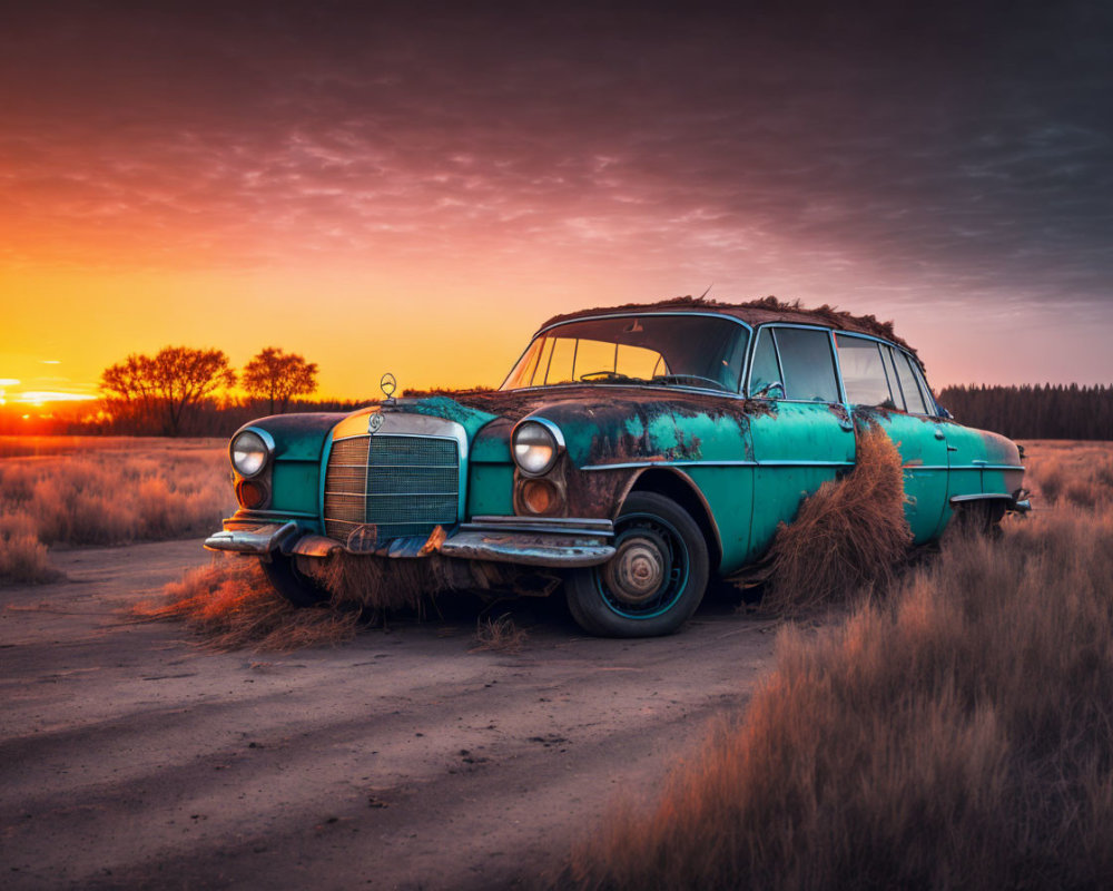 Vintage turquoise car abandoned in field with dramatic sunset sky